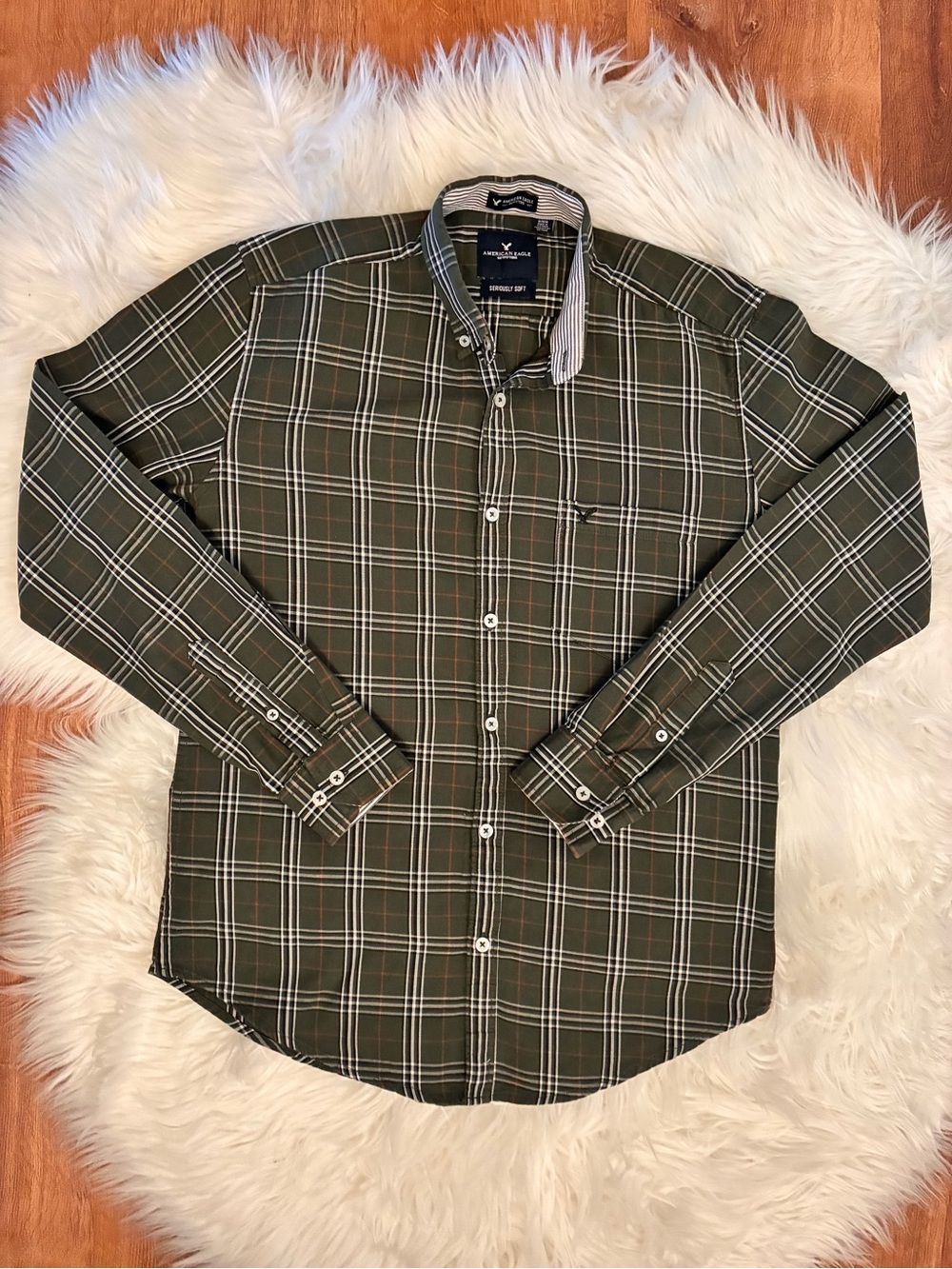 American Eagle Mens Olive Green Plaid Shirt Seriously Soft Collection Sz Medium